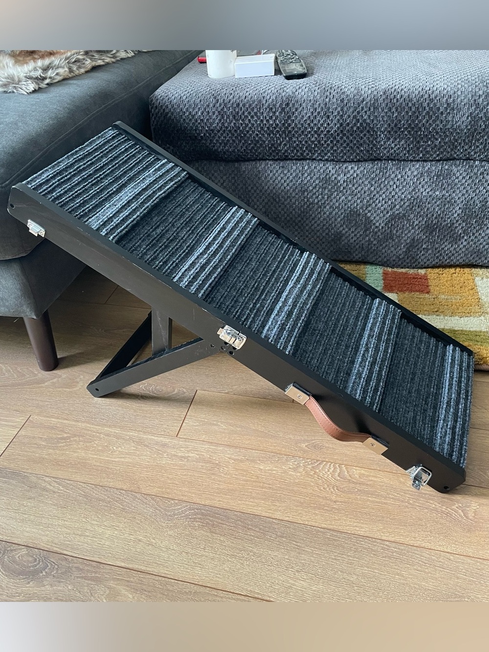 New Foldable Adjustable Pet Ramp with Black Frame and Non Slip Carpet surface
